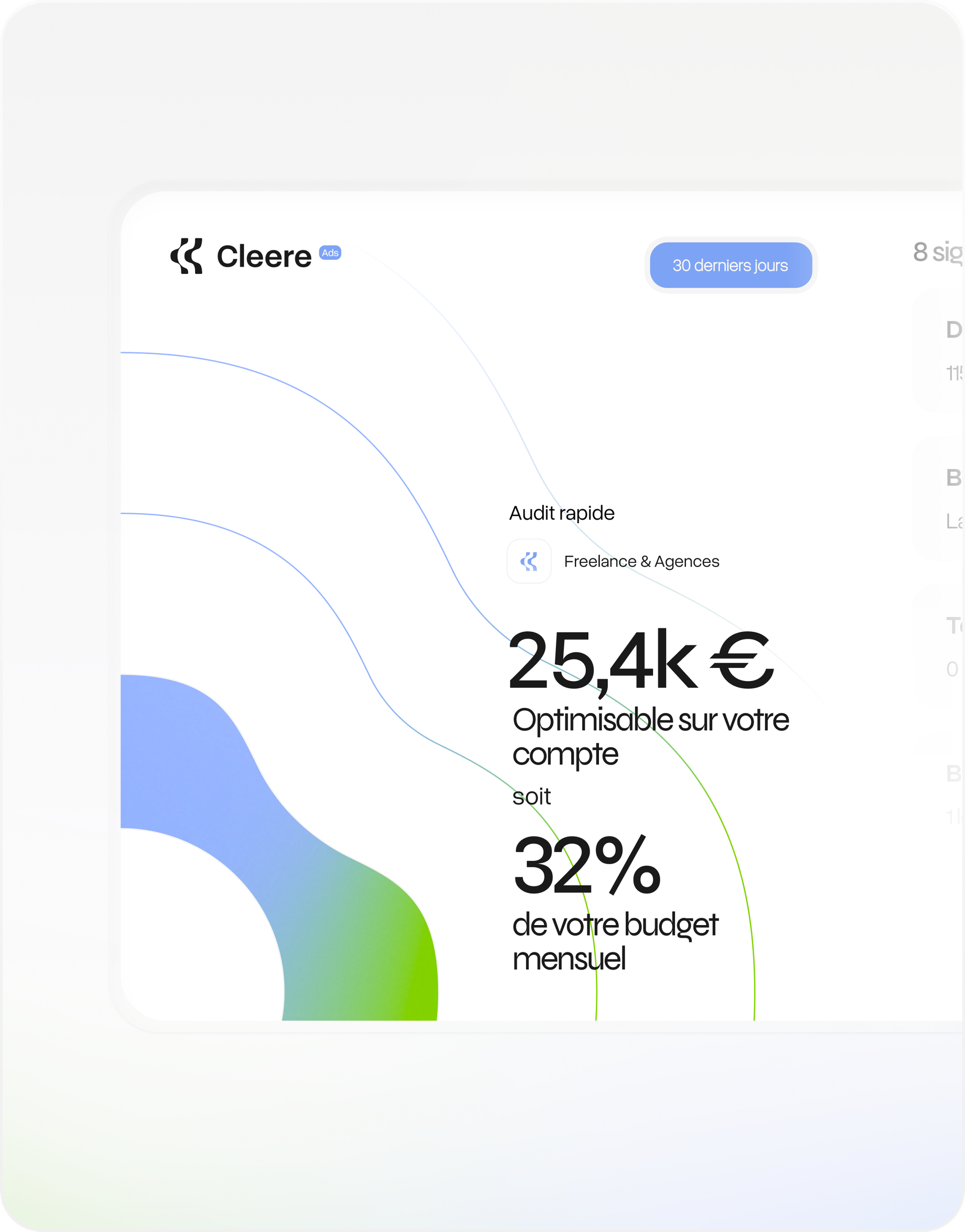 Aperçu d’un audit Cleere Ads : 25,4 k€ optimisables sur le compte, soit 32 % du budget mensuel.